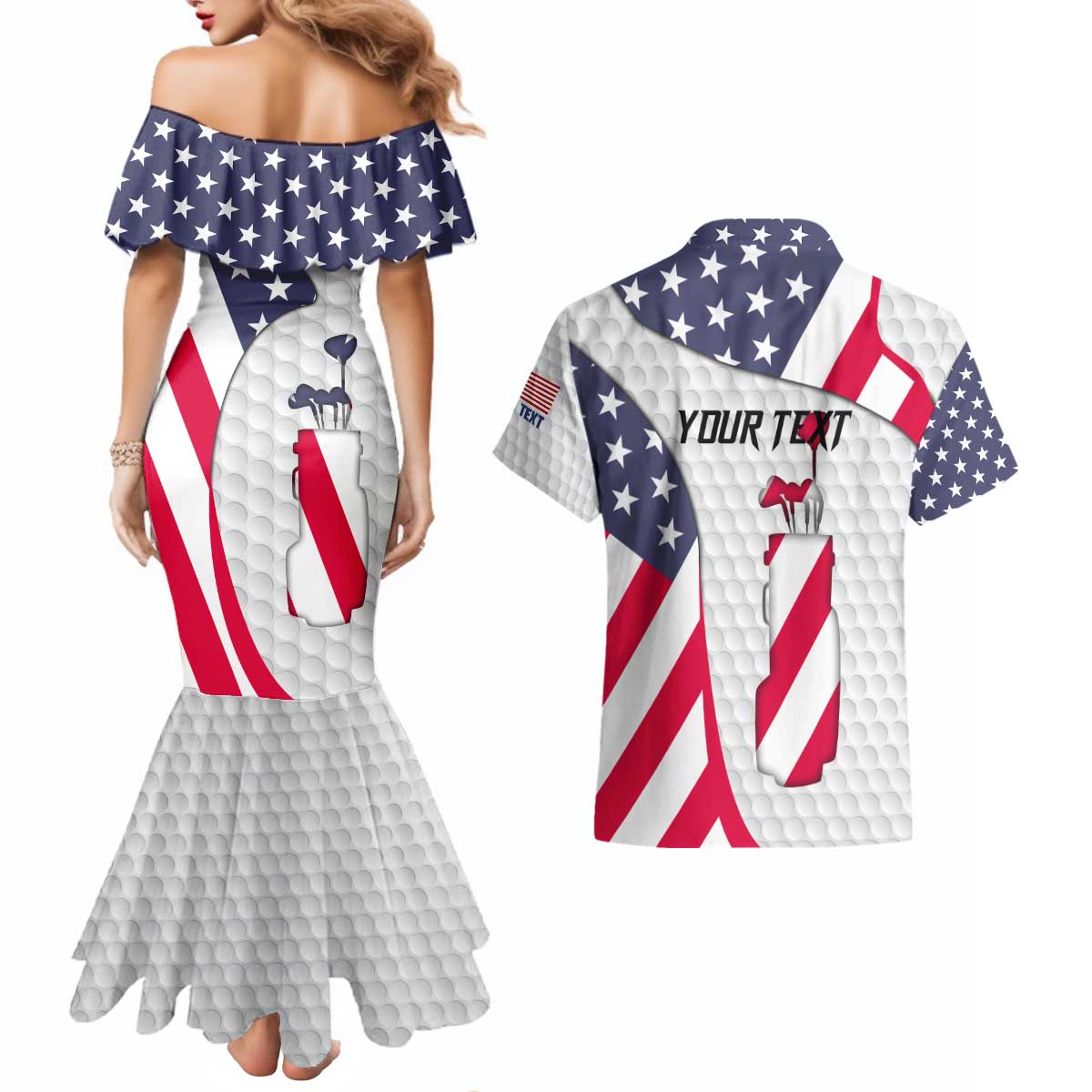 Personalized American Flag Golf Couples Matching Mermaid Dress and Hawaiian Shirt Female Silhouette and Red White Blue Golf Bag Graphic - Wonder Print Shop