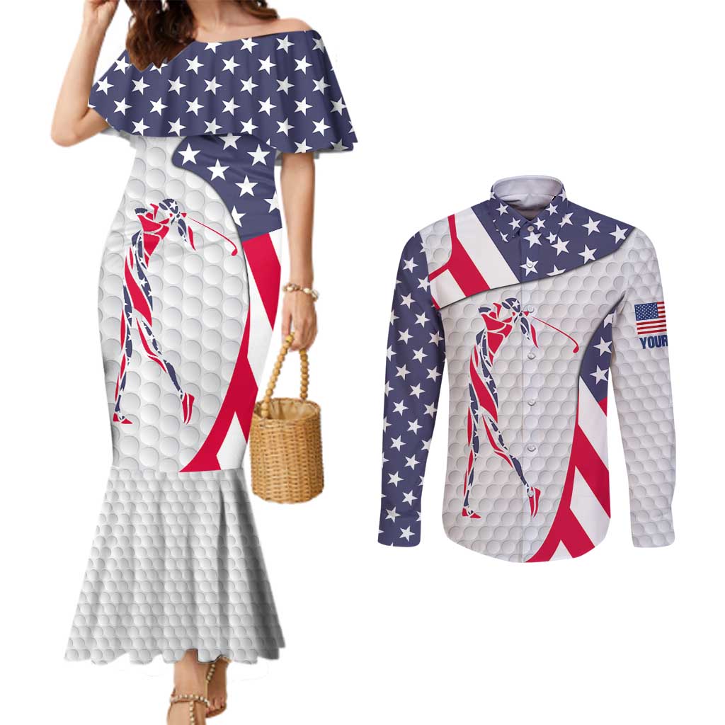 Personalized American Flag Golf Couples Matching Mermaid Dress and Long Sleeve Button Shirt Female Silhouette and Red White Blue Golf Bag Graphic - Wonder Print Shop