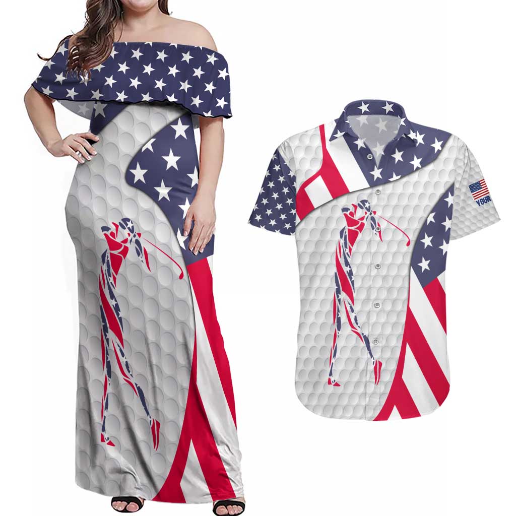 Personalized American Flag Golf Couples Matching Off Shoulder Maxi Dress and Hawaiian Shirt Female Silhouette and Red White Blue Golf Bag Graphic - Wonder Print Shop