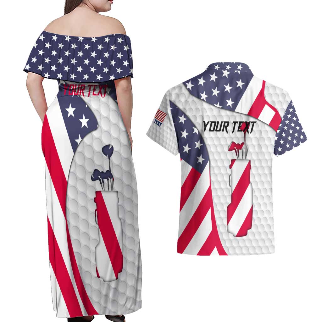 Personalized American Flag Golf Couples Matching Off Shoulder Maxi Dress and Hawaiian Shirt Female Silhouette and Red White Blue Golf Bag Graphic - Wonder Print Shop