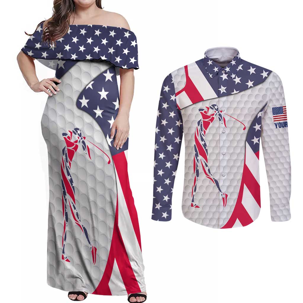 Personalized American Flag Golf Couples Matching Off Shoulder Maxi Dress and Long Sleeve Button Shirt Female Silhouette and Red White Blue Golf Bag Graphic - Wonder Print Shop