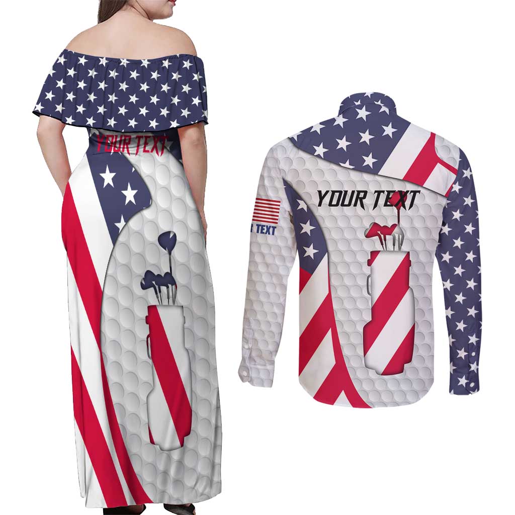 Personalized American Flag Golf Couples Matching Off Shoulder Maxi Dress and Long Sleeve Button Shirt Female Silhouette and Red White Blue Golf Bag Graphic - Wonder Print Shop