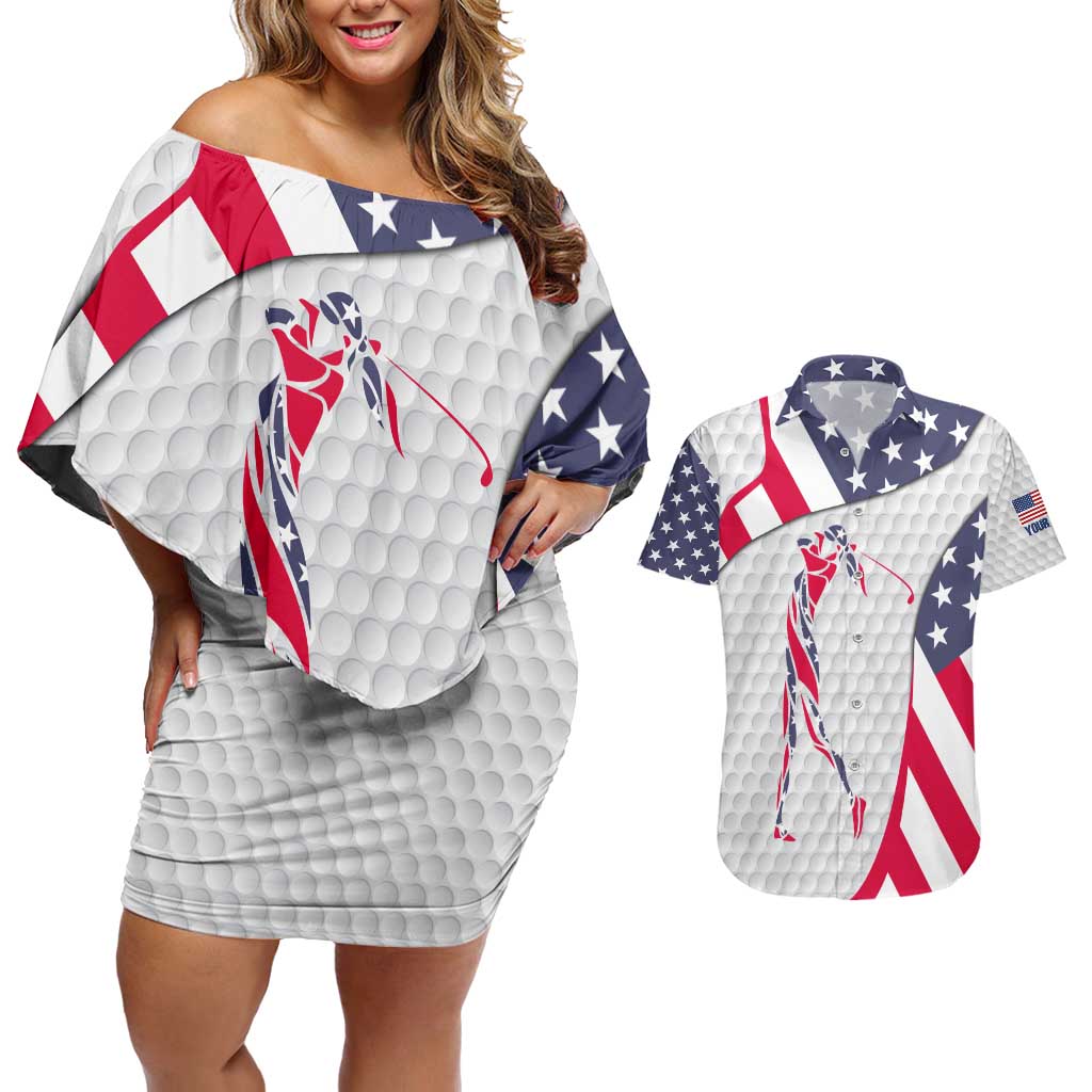 Personalized American Flag Golf Couples Matching Off Shoulder Short Dress and Hawaiian Shirt Female Silhouette and Red White Blue Golf Bag Graphic - Wonder Print Shop