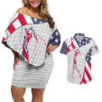 Personalized American Flag Golf Couples Matching Off Shoulder Short Dress and Hawaiian Shirt Female Silhouette and Red White Blue Golf Bag Graphic - Wonder Print Shop