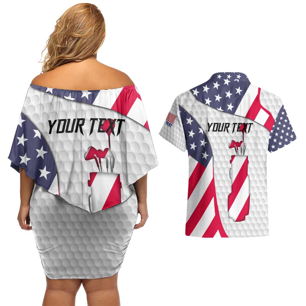 Personalized American Flag Golf Couples Matching Off Shoulder Short Dress and Hawaiian Shirt Female Silhouette and Red White Blue Golf Bag Graphic - Wonder Print Shop