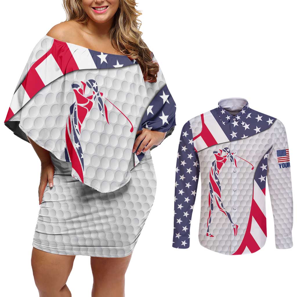 Personalized American Flag Golf Couples Matching Off Shoulder Short Dress and Long Sleeve Button Shirt Female Silhouette and Red White Blue Golf Bag Graphic - Wonder Print Shop