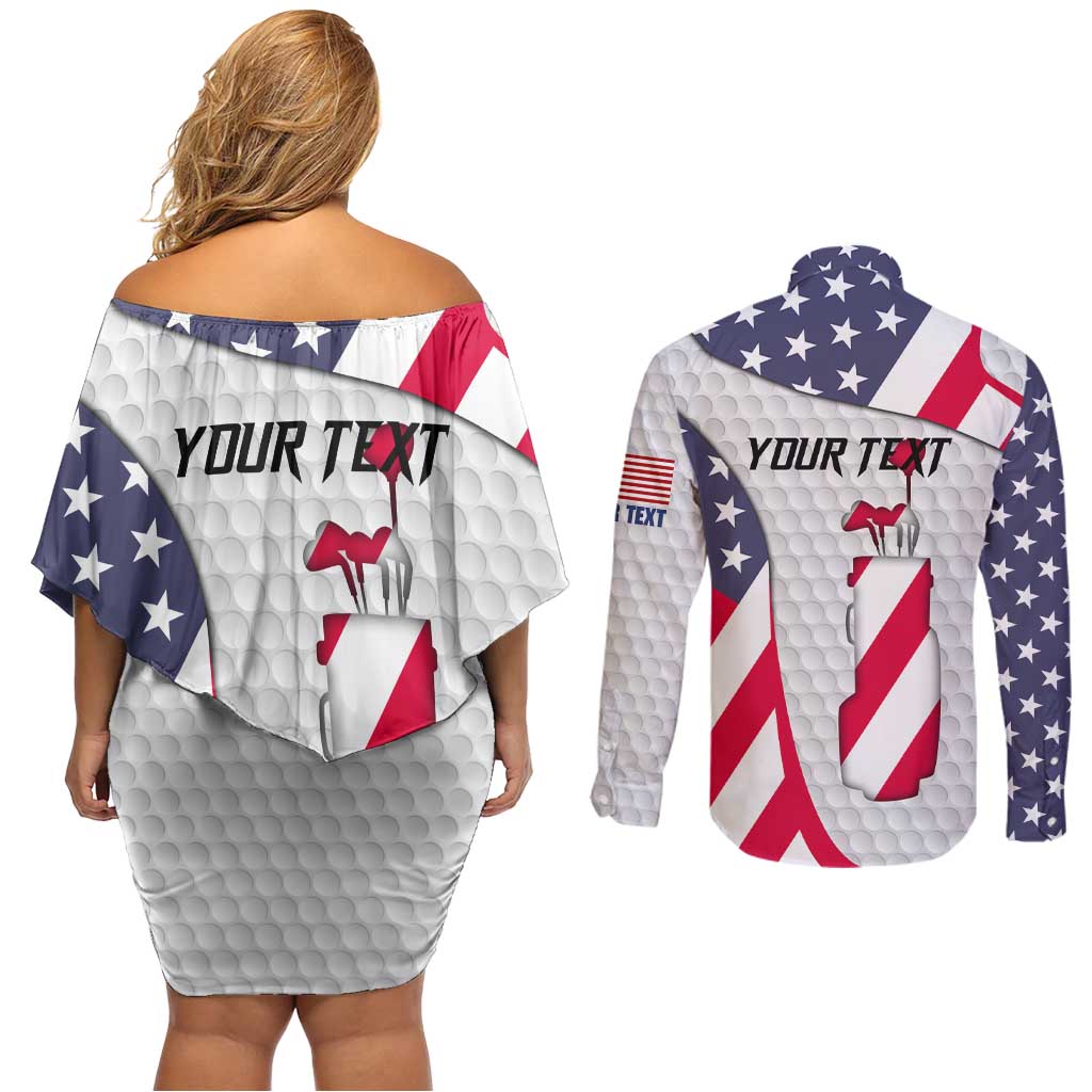 Personalized American Flag Golf Couples Matching Off Shoulder Short Dress and Long Sleeve Button Shirt Female Silhouette and Red White Blue Golf Bag Graphic - Wonder Print Shop
