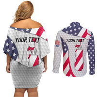 Personalized American Flag Golf Couples Matching Off Shoulder Short Dress and Long Sleeve Button Shirt Female Silhouette and Red White Blue Golf Bag Graphic - Wonder Print Shop
