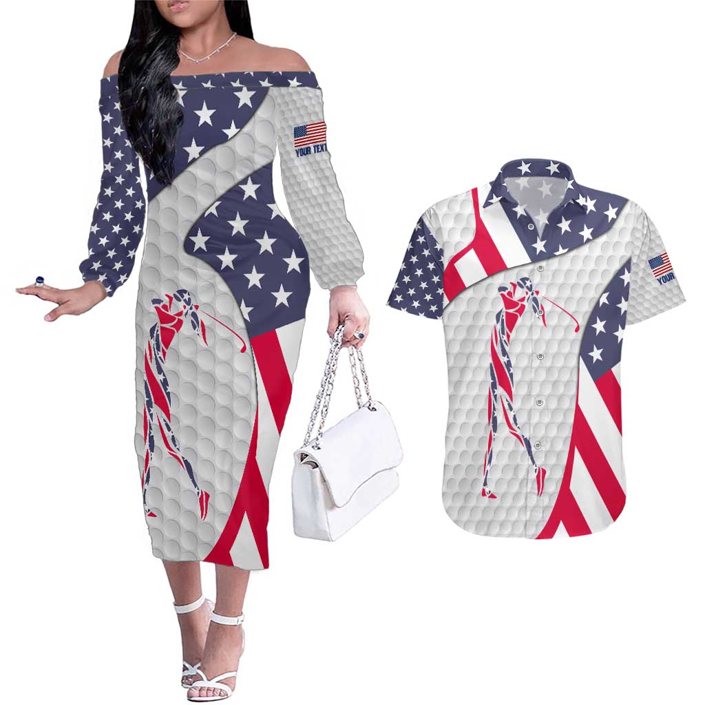 Personalized American Flag Golf Couples Matching Off The Shoulder Long Sleeve Dress and Hawaiian Shirt Female Silhouette and Red White Blue Golf Bag Graphic - Wonder Print Shop