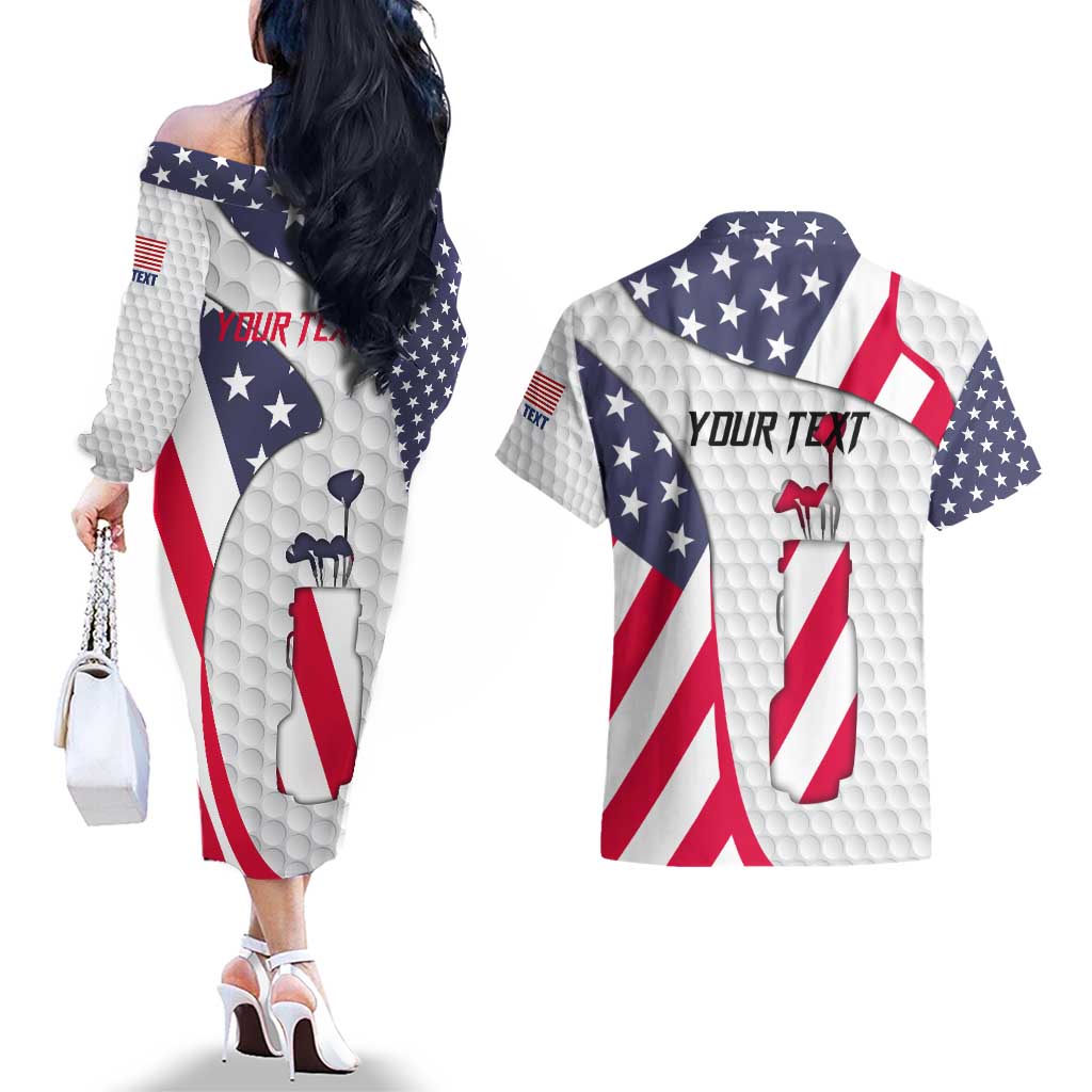 Personalized American Flag Golf Couples Matching Off The Shoulder Long Sleeve Dress and Hawaiian Shirt Female Silhouette and Red White Blue Golf Bag Graphic - Wonder Print Shop