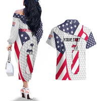 Personalized American Flag Golf Couples Matching Off The Shoulder Long Sleeve Dress and Hawaiian Shirt Female Silhouette and Red White Blue Golf Bag Graphic - Wonder Print Shop