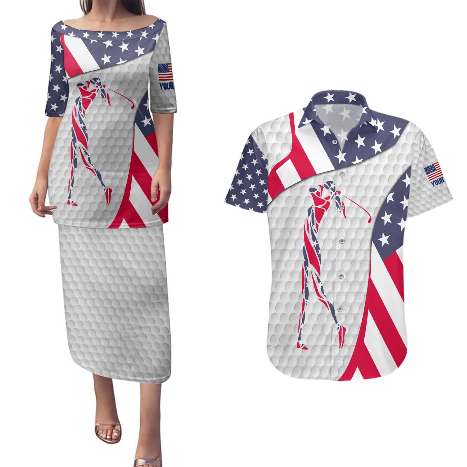 Personalized American Flag Golf Couples Matching Puletasi and Hawaiian Shirt Female Silhouette and Red White Blue Golf Bag Graphic - Wonder Print Shop