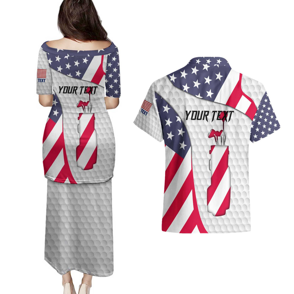 Personalized American Flag Golf Couples Matching Puletasi and Hawaiian Shirt Female Silhouette and Red White Blue Golf Bag Graphic - Wonder Print Shop