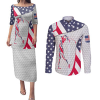 Personalized American Flag Golf Couples Matching Puletasi and Long Sleeve Button Shirt Female Silhouette and Red White Blue Golf Bag Graphic - Wonder Print Shop