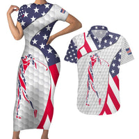 Personalized American Flag Golf Couples Matching Short Sleeve Bodycon Dress and Hawaiian Shirt Female Silhouette and Red White Blue Golf Bag Graphic - Wonder Print Shop
