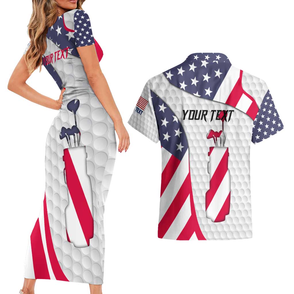 Personalized American Flag Golf Couples Matching Short Sleeve Bodycon Dress and Hawaiian Shirt Female Silhouette and Red White Blue Golf Bag Graphic - Wonder Print Shop