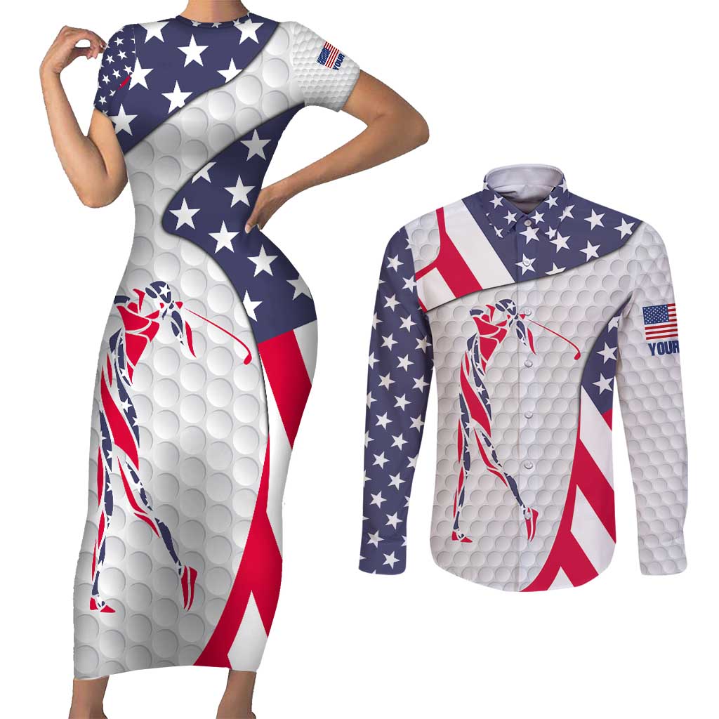 Personalized American Flag Golf Couples Matching Short Sleeve Bodycon Dress and Long Sleeve Button Shirt Female Silhouette and Red White Blue Golf Bag Graphic - Wonder Print Shop