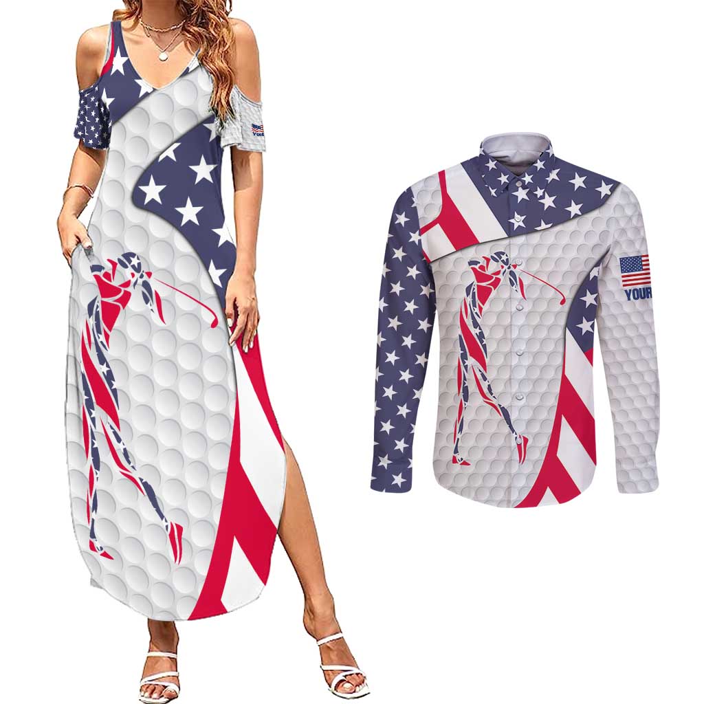 Personalized American Flag Golf Couples Matching Summer Maxi Dress and Long Sleeve Button Shirt Female Silhouette and Red White Blue Golf Bag Graphic - Wonder Print Shop