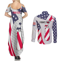 Personalized American Flag Golf Couples Matching Summer Maxi Dress and Long Sleeve Button Shirt Female Silhouette and Red White Blue Golf Bag Graphic - Wonder Print Shop