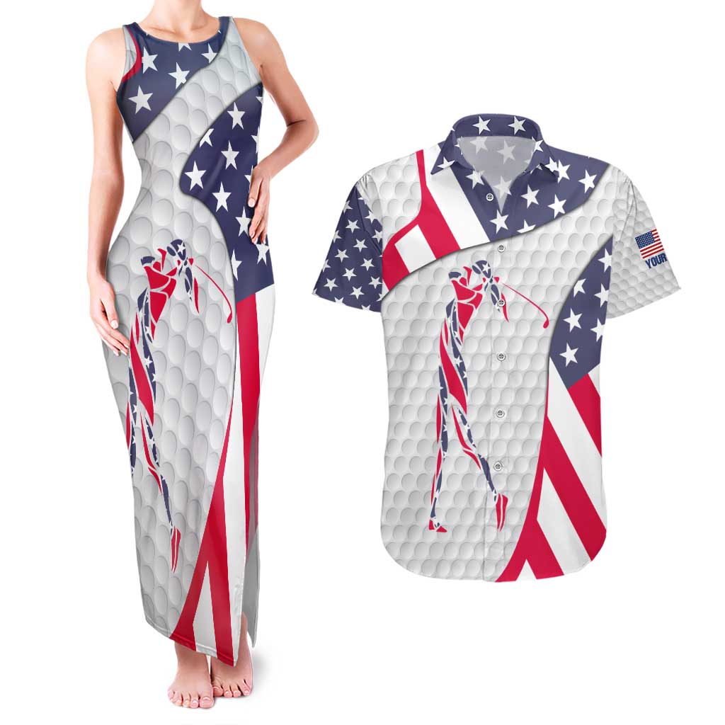 Personalized American Flag Golf Couples Matching Tank Maxi Dress and Hawaiian Shirt Female Silhouette and Red White Blue Golf Bag Graphic - Wonder Print Shop
