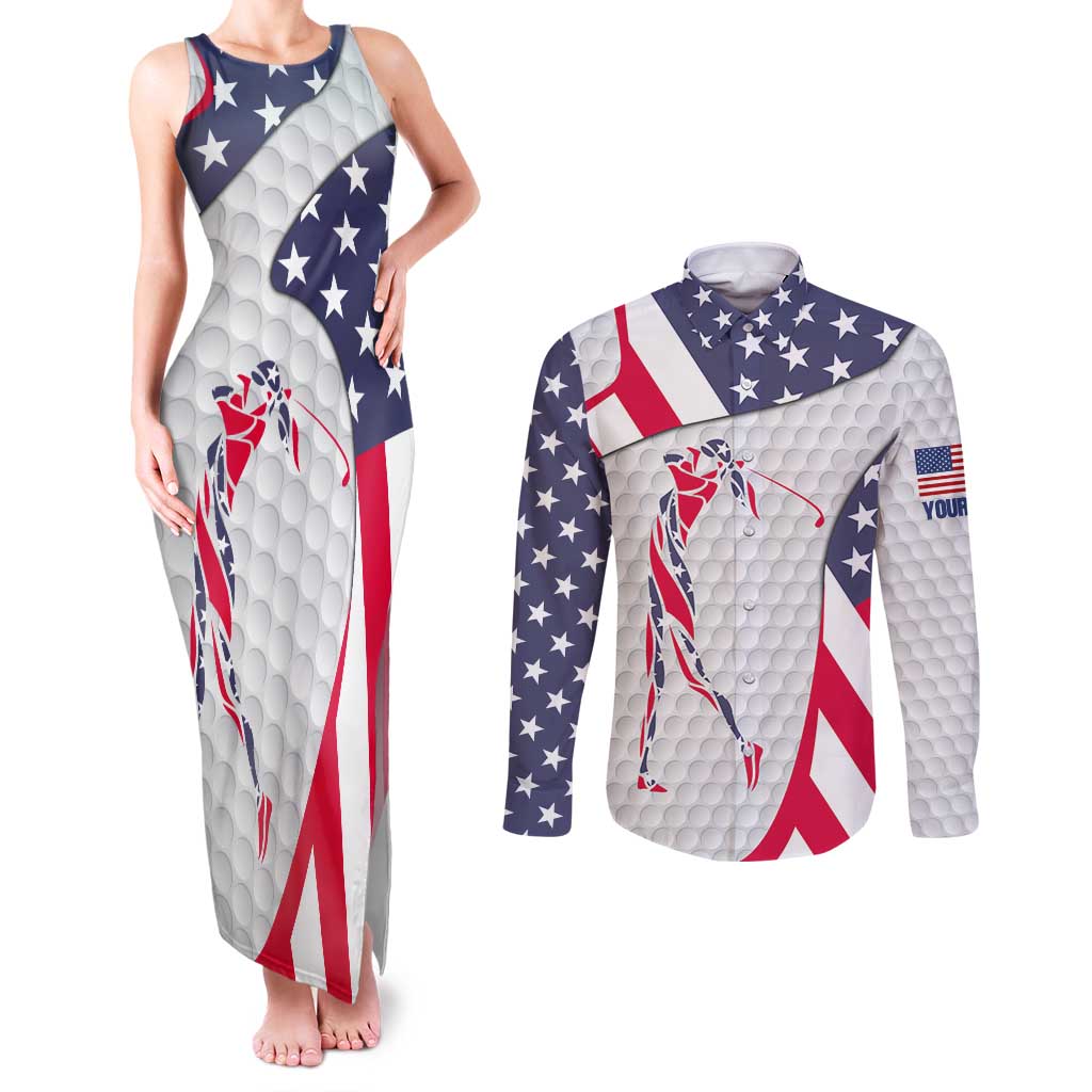 Personalized American Flag Golf Couples Matching Tank Maxi Dress and Long Sleeve Button Shirt Female Silhouette and Red White Blue Golf Bag Graphic - Wonder Print Shop