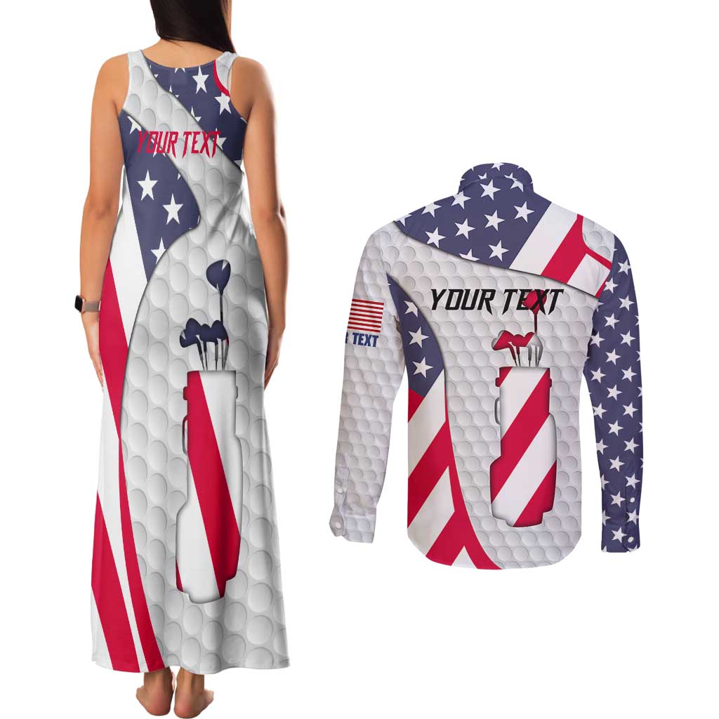 Personalized American Flag Golf Couples Matching Tank Maxi Dress and Long Sleeve Button Shirt Female Silhouette and Red White Blue Golf Bag Graphic - Wonder Print Shop