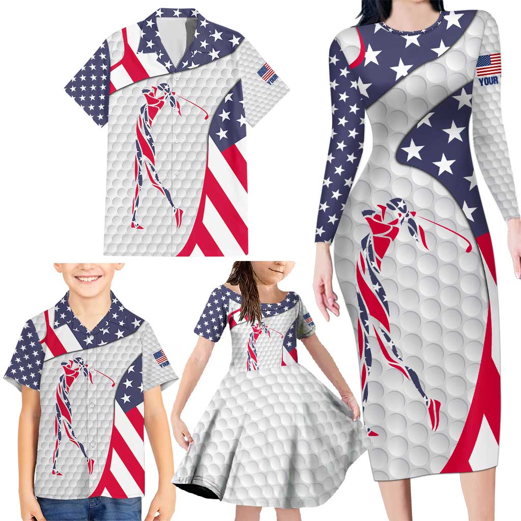 Personalized American Flag Golf Family Matching Long Sleeve Bodycon Dress and Hawaiian Shirt Female Silhouette and Red White Blue Golf Bag Graphic - Wonder Print Shop