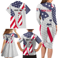 Personalized American Flag Golf Family Matching Long Sleeve Bodycon Dress and Hawaiian Shirt Female Silhouette and Red White Blue Golf Bag Graphic - Wonder Print Shop