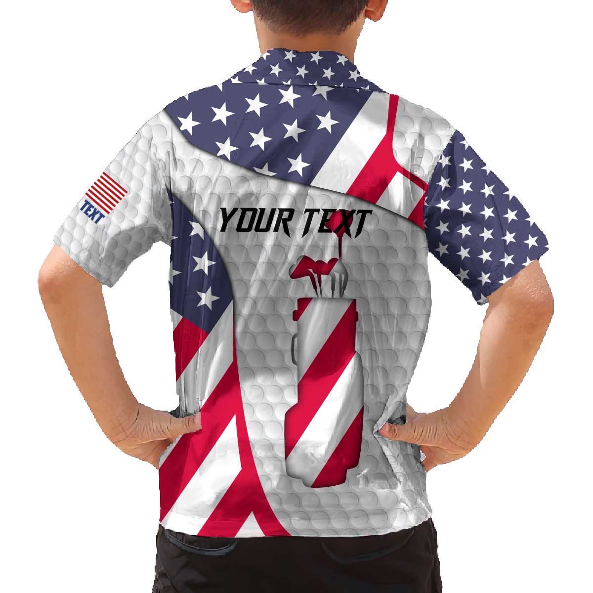 Personalized American Flag Golf Family Matching Off The Shoulder Long Sleeve Dress and Hawaiian Shirt Female Silhouette and Red White Blue Golf Bag Graphic - Wonder Print Shop