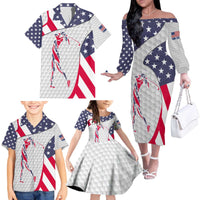 Personalized American Flag Golf Family Matching Off The Shoulder Long Sleeve Dress and Hawaiian Shirt Female Silhouette and Red White Blue Golf Bag Graphic - Wonder Print Shop