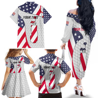 Personalized American Flag Golf Family Matching Off The Shoulder Long Sleeve Dress and Hawaiian Shirt Female Silhouette and Red White Blue Golf Bag Graphic - Wonder Print Shop
