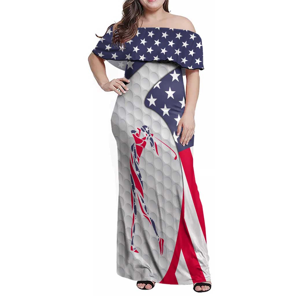Personalized American Flag Golf Family Matching Off Shoulder Maxi Dress and Hawaiian Shirt Female Silhouette and Red White Blue Golf Bag Graphic - Wonder Print Shop
