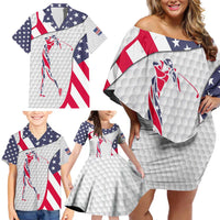 Personalized American Flag Golf Family Matching Off Shoulder Short Dress and Hawaiian Shirt Female Silhouette and Red White Blue Golf Bag Graphic - Wonder Print Shop