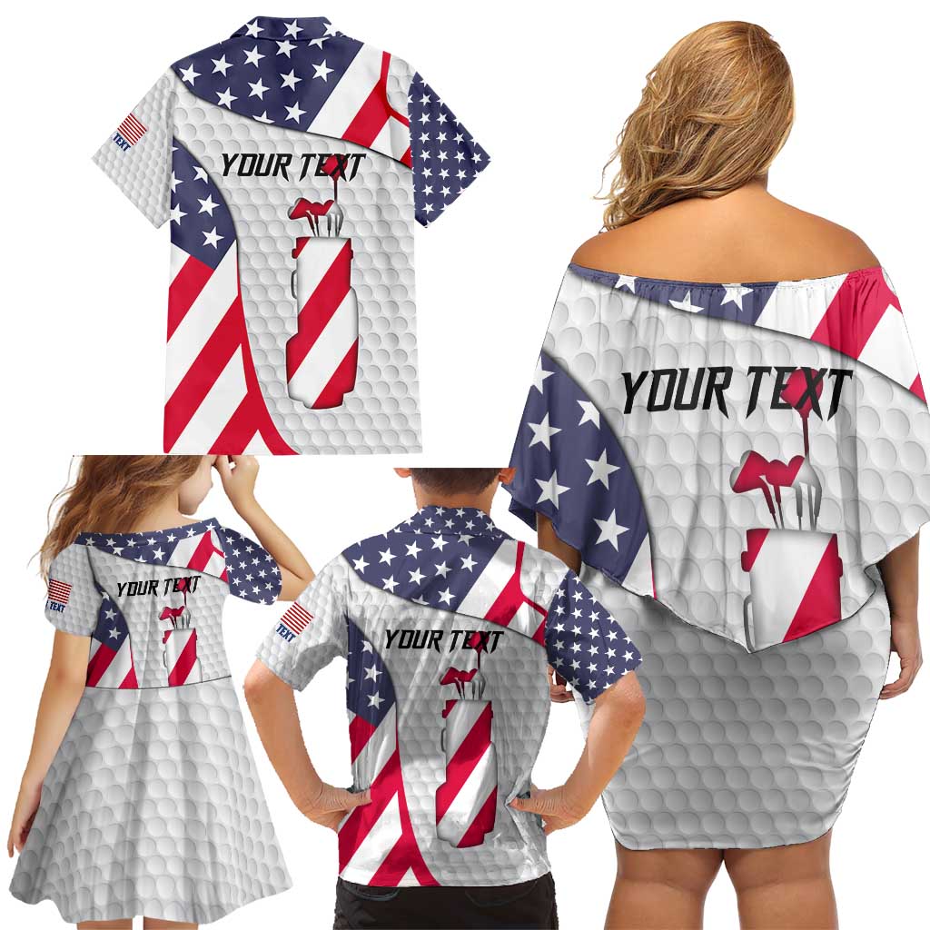 Personalized American Flag Golf Family Matching Off Shoulder Short Dress and Hawaiian Shirt Female Silhouette and Red White Blue Golf Bag Graphic - Wonder Print Shop
