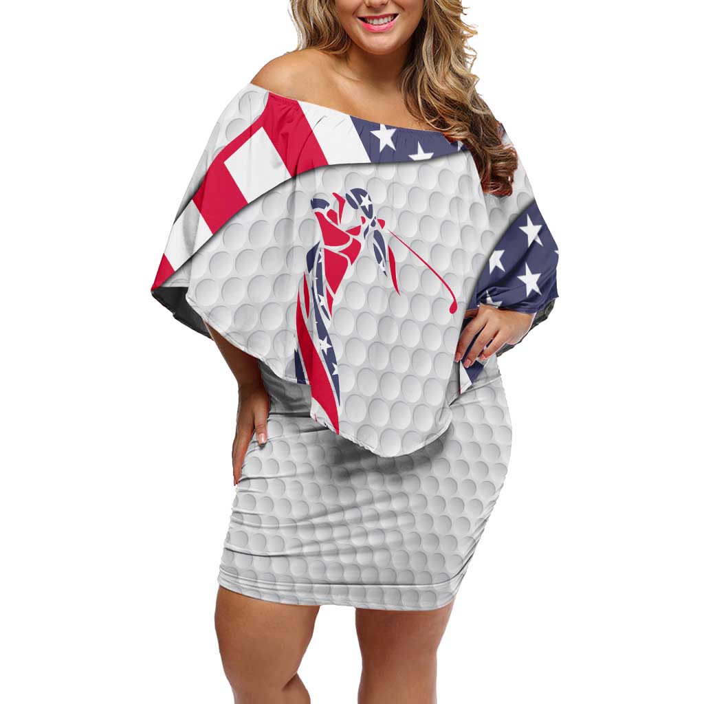 Personalized American Flag Golf Family Matching Off Shoulder Short Dress and Hawaiian Shirt Female Silhouette and Red White Blue Golf Bag Graphic - Wonder Print Shop