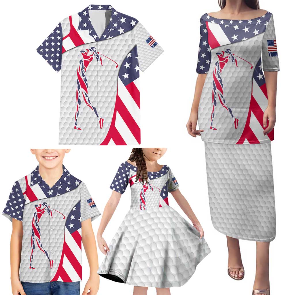 Personalized American Flag Golf Family Matching Puletasi and Hawaiian Shirt Female Silhouette and Red White Blue Golf Bag Graphic - Wonder Print Shop