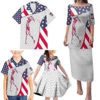 Personalized American Flag Golf Family Matching Puletasi and Hawaiian Shirt Female Silhouette and Red White Blue Golf Bag Graphic - Wonder Print Shop