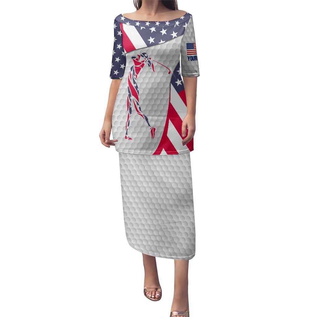 Personalized American Flag Golf Family Matching Puletasi and Hawaiian Shirt Female Silhouette and Red White Blue Golf Bag Graphic - Wonder Print Shop