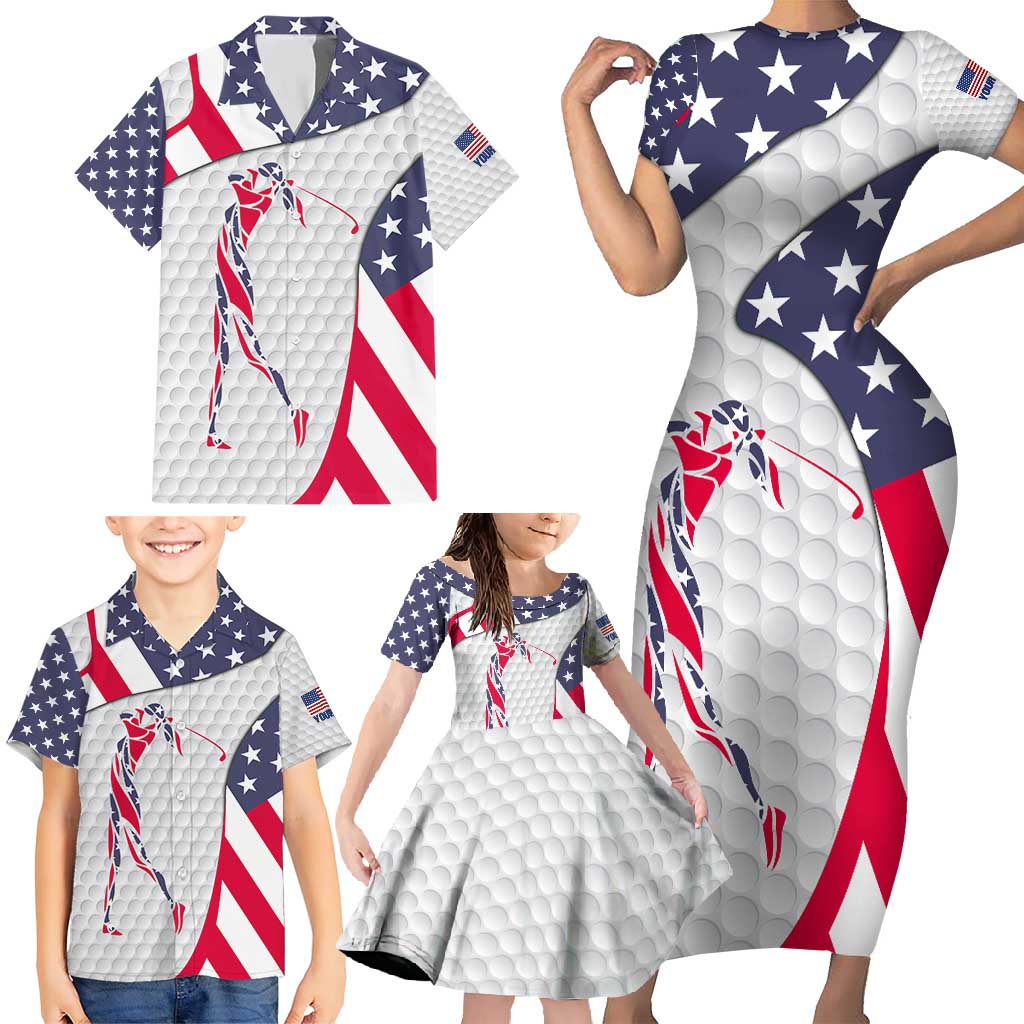 Personalized American Flag Golf Family Matching Short Sleeve Bodycon Dress and Hawaiian Shirt Female Silhouette and Red White Blue Golf Bag Graphic - Wonder Print Shop