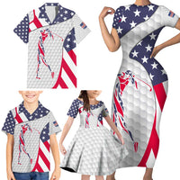 Personalized American Flag Golf Family Matching Short Sleeve Bodycon Dress and Hawaiian Shirt Female Silhouette and Red White Blue Golf Bag Graphic - Wonder Print Shop