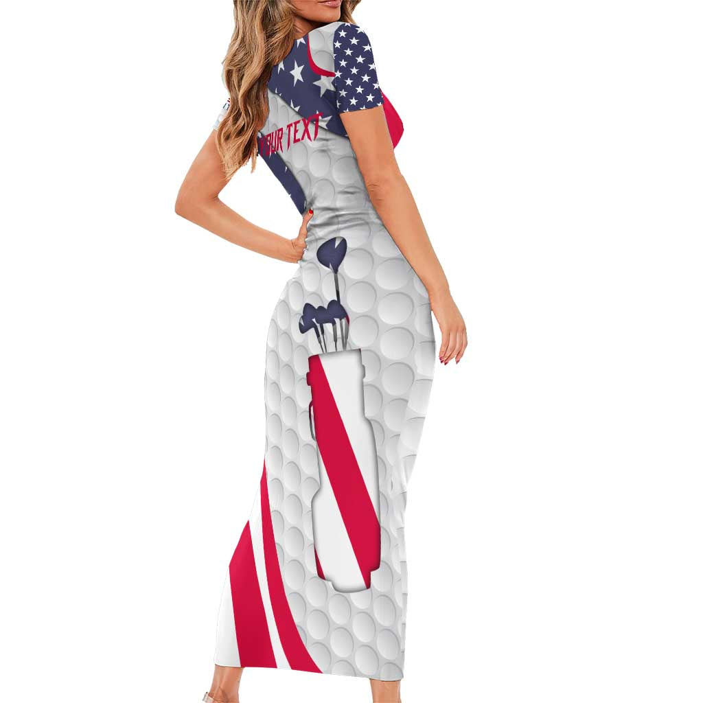 Personalized American Flag Golf Family Matching Short Sleeve Bodycon Dress and Hawaiian Shirt Female Silhouette and Red White Blue Golf Bag Graphic - Wonder Print Shop