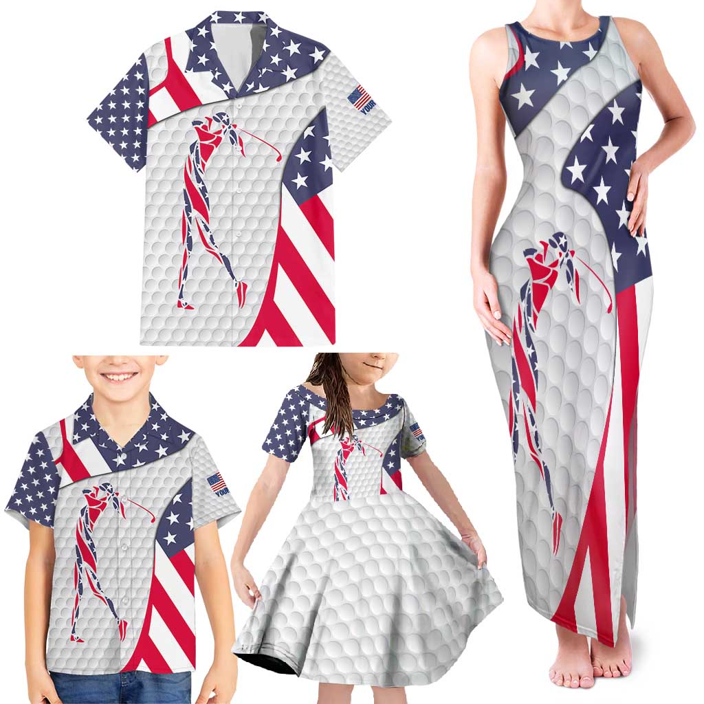 Personalized American Flag Golf Family Matching Tank Maxi Dress and Hawaiian Shirt Female Silhouette and Red White Blue Golf Bag Graphic - Wonder Print Shop