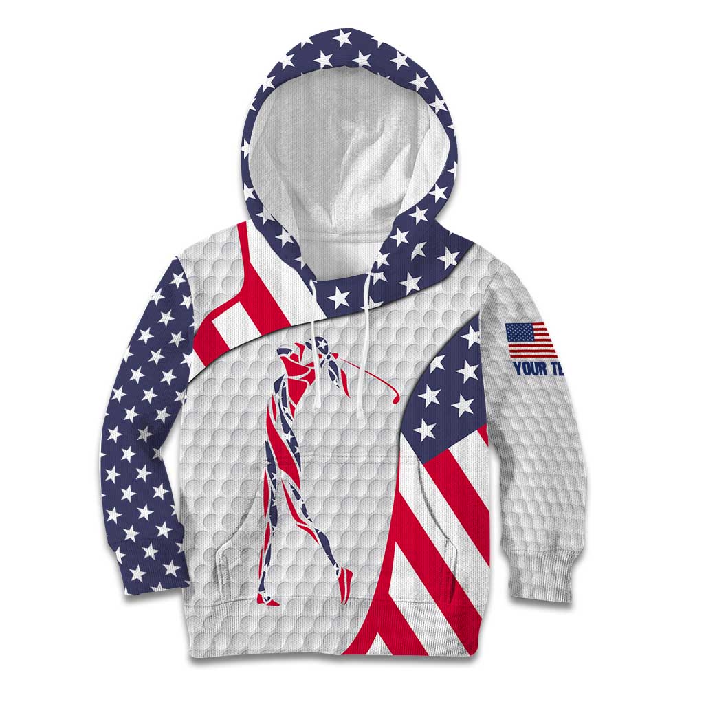 Personalized American Flag Golf Kid Hoodie Female Silhouette and Red White Blue Golf Bag Graphic - Wonder Print Shop