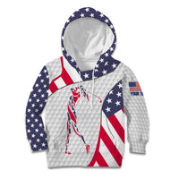 Personalized American Flag Golf Kid Hoodie Female Silhouette and Red White Blue Golf Bag Graphic - Wonder Print Shop