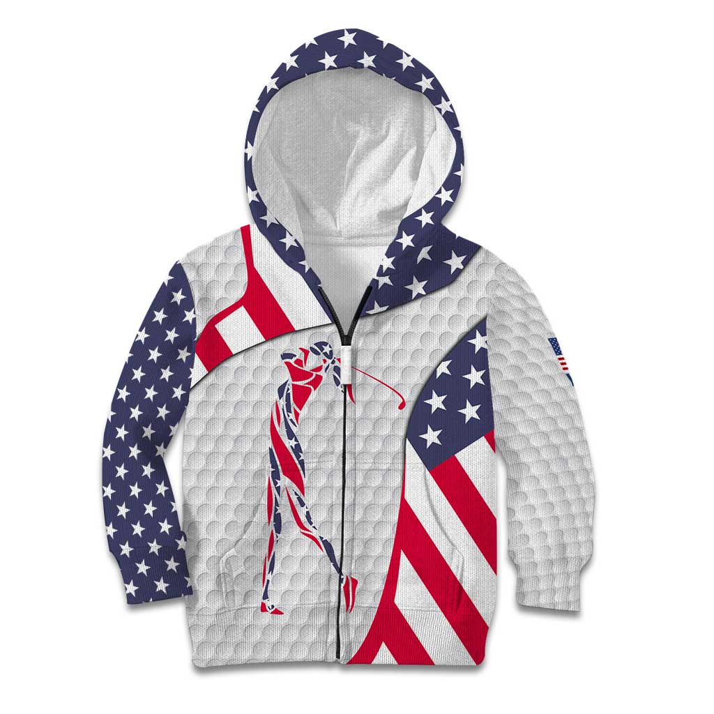 Personalized American Flag Golf Kid Hoodie Female Silhouette and Red White Blue Golf Bag Graphic - Wonder Print Shop
