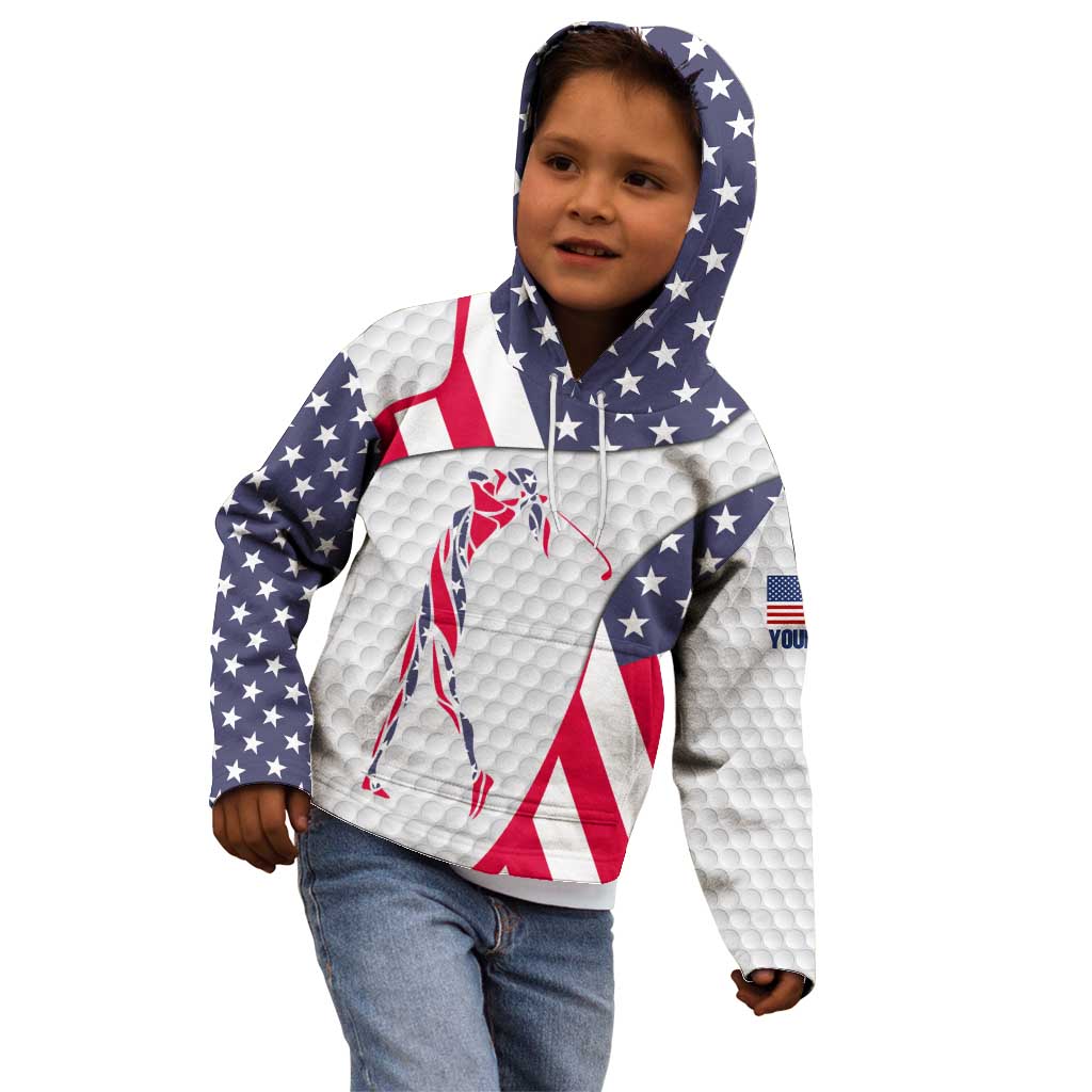 Personalized American Flag Golf Kid Hoodie Female Silhouette and Red White Blue Golf Bag Graphic - Wonder Print Shop