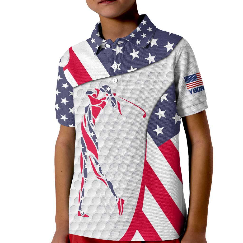Personalized American Flag Golf Kid Polo Shirt Female Silhouette and Red White Blue Golf Bag Graphic - Wonder Print Shop