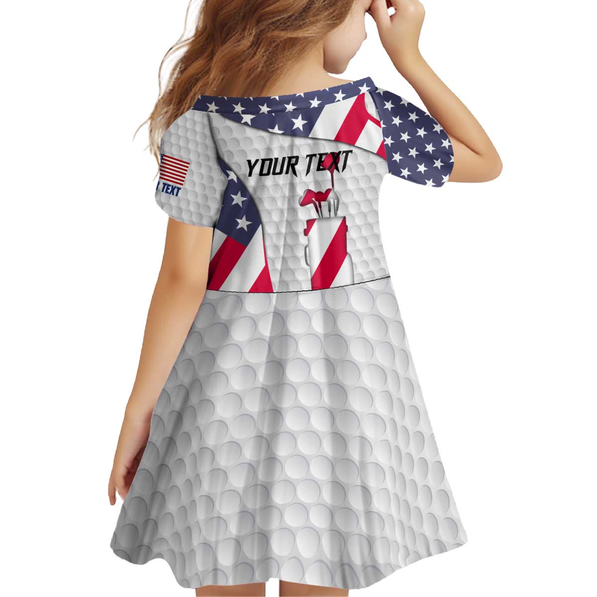 Personalized American Flag Golf Kid Short Sleeve Dress Female Silhouette and Red White Blue Golf Bag Graphic - Wonder Print Shop