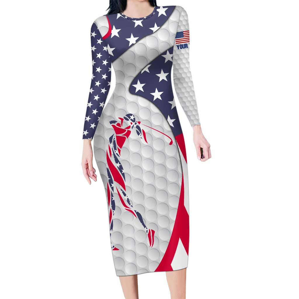 Personalized American Flag Golf Long Sleeve Bodycon Dress Female Silhouette and Red White Blue Golf Bag Graphic - Wonder Print Shop