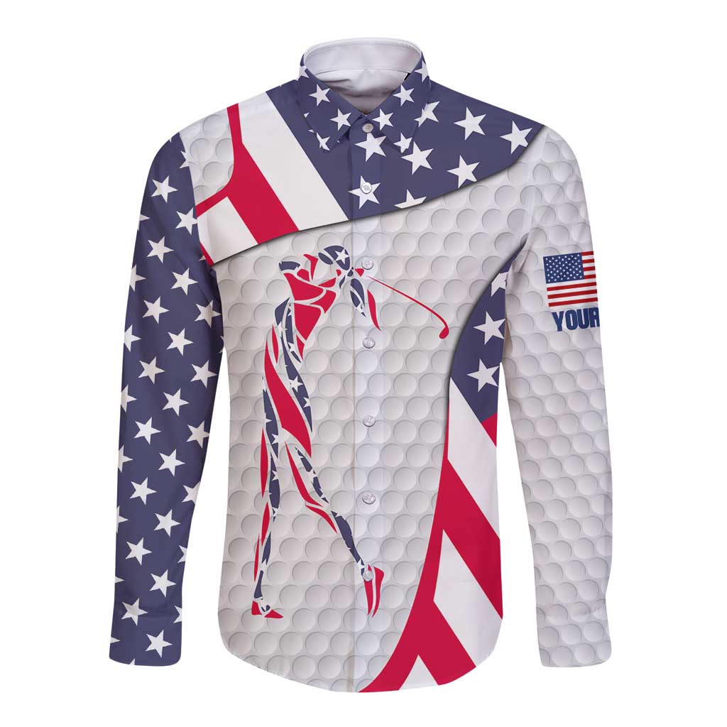 Personalized American Flag Golf Long Sleeve Button Shirt Female Silhouette and Red White Blue Golf Bag Graphic - Wonder Print Shop